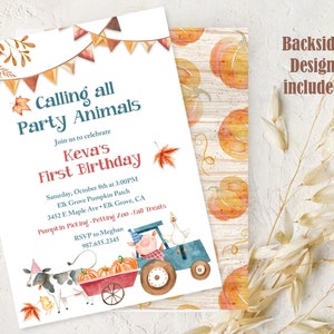 Pumpkin Patch Birthday Invite | Fall Birthday Party Invitation | Pumpkin Patch Birthday Invitation for Girls |  Farm Animals Birthday Party