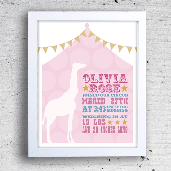 11 x 14" PRINTABLE Pink Giraffe Circus Carnival Personalized Birth Print, Pink Giraffe Nursery, Baby Birth Print, Birth Stats Wall Art Il_570xn