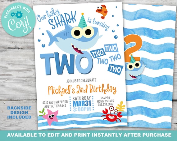 Baby Shark Two Two Two Birthday, Baby Shark Birthday Invitation, Baby Shark Invitation, Instantly Editable with Corjl Il_570xn