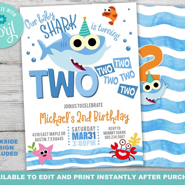 Little Shark Two Two Two Birthday, Little Shark Birthday Invitation, Shark Baby Invitation, Instantly Editable with Corjl