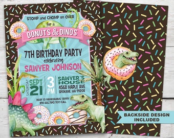 May include: A two-sided invitation for a 7th birthday party with a "Donuts & Dinos" theme. The front features a teal background with dinosaurs, donuts, and text. The back has a brown background with sprinkles and a dinosaur with a donut. Text includes the party details.