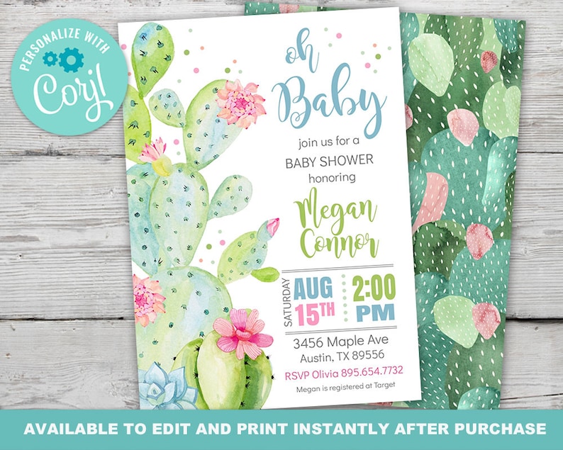 Op de afbeelding: Een baby shower uitnodiging met een aquarel cactus ontwerp. De uitnodiging is voor Megan Connor en is gepland voor 15 augustus om 14:00 uur. Het adres is 3456 Maple Ave, Austin, TX 89556. Het RSVP-nummer is 895.654.7732. De tekst "Oh Baby" is geschreven in blauwe cursieve letters.