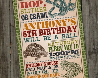 May include: A reptile-themed birthday party invitation with a vintage design. The invitation features illustrations of a snake, turtle, and frog, with text that reads "Hop, Slither, or Crawl" and details for Anthony's 6th birthday.