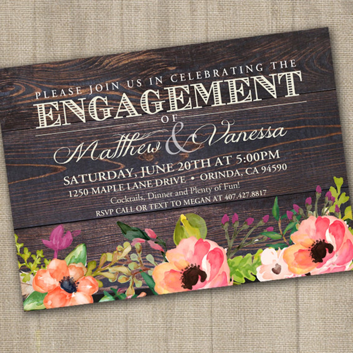 Rustic Watercolor Flowers Engagement Party Invitation | Etsy