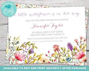 Wildflower Baby Shower Invitation Set with Book and Diaper Card, WildFlowers Baby Shower PRINTABLE Invitation, Instantly Editable with Corjl