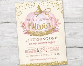 Pink and Gold Pumpkin Birthday Invitation, Pink and Gold Pumpkin First Birthday Invitation, Little Pumpkin Birthday, DIGITAL, Pink Pumpkin