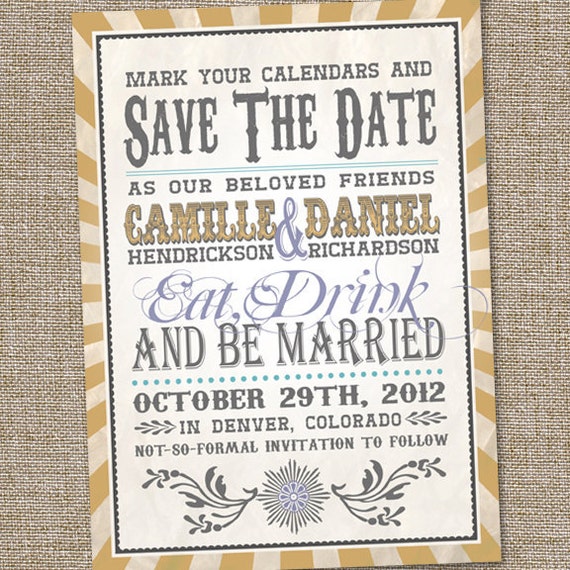Vintage Retro Save The Date, Wedding Announcement, Retro Save The Date, PRINTABLE, Vintage Save The Date, Eat Drink and Be Married Il_570xn