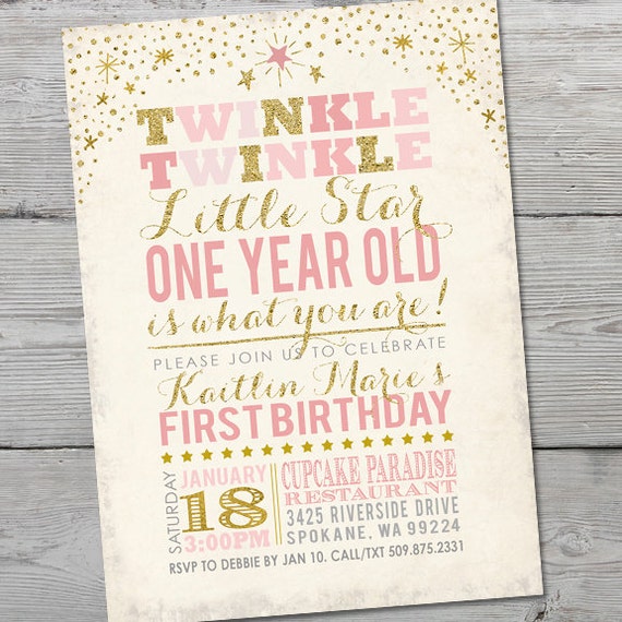 Twinkle Twinkle Little Star Invitation for a Twinkle Twinkle Little Star Party theme in soft pink, gold and cream. Order your invite today! Il_570xn