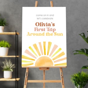 Editable First Trip Around the Sun Birthday Poster | Sunshine Birthday Party Sign | Here comes the Sun Birthday Decorations Template Corjl