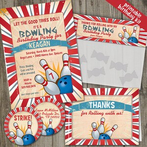 Kit de festa para impressão de aniversário de boliche retrô vintage