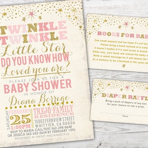 May include: Baby shower invitation set with a twinkle star theme. The invitation features gold glitter text and pink accents. Includes a request for books and a diaper raffle card. The invitation is for Diana Borrego.