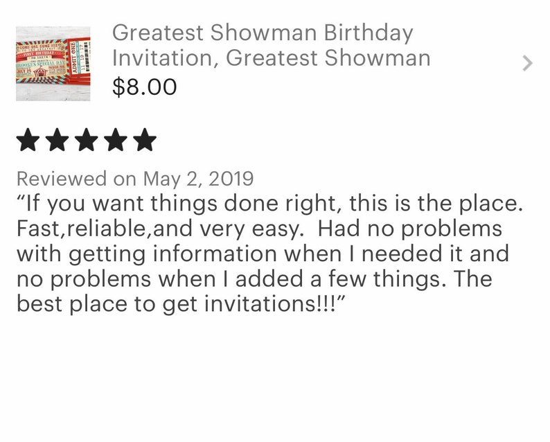 Peut inclure: Une invitation d'anniversaire Greatest Showman avec un design de billet vintage. L'invitation pr&eacute;sente des couleurs rouge, blanc et bleu et le texte "Greatest Showman Birthday Invitation". L'image comprend &eacute;galement un avis client.