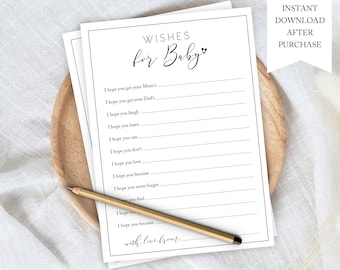 Può includere: Due fogli bianchi per il gioco del baby shower con le parole "Wishes for Baby" in elegante scrittura. I fogli hanno delle righe per gli ospiti per scrivere i loro desideri. Una matita è appoggiata sui fogli, che sono su un vassoio di legno.