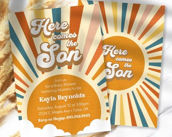 Editable Here Comes the Son Baby Shower Invitation Set, Sunshine Baby Shower Invite for a Retro Boho Sunshine Baby Shower, Instant Download