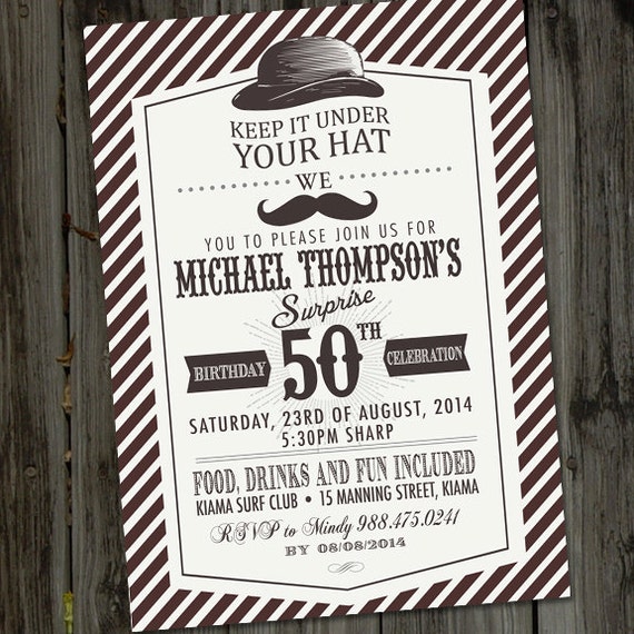 Brown and White 50th Surprise Moustache Birthday Invitation, PRINTABLE, Moustache Party, Moustache Invitation, Moustache Invite Il_570xn