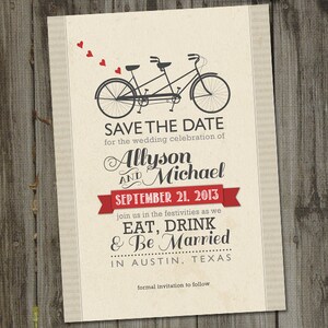 May include: A vintage-style wedding invitation with a tandem bicycle illustration. The text reads "Save the Date" for Allyson and Michael's wedding on September 21, 2013, in Austin, Texas. Red hearts and a red banner accent the design.