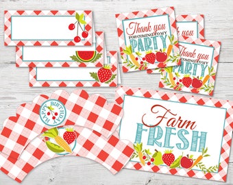 May include: A collection of party supplies with a red and white gingham pattern. Includes name tags with fruit illustrations, cupcake wrappers, and cards that say "Thank you for coming to my party" and "Farm Fresh".