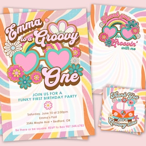 Groovy One Birthday Invitation Set - Retro 70&#39;s Style - Printable Digital Files - Groovy One Party Invitation Set