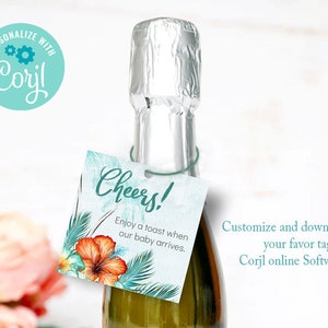 Puede incluir: Una botella de champ&aacute;n con una etiqueta que dice "&iexcl;Salud!" y "Disfruta de un brindis cuando nazca nuestro beb&eacute;". La etiqueta tiene un dise&ntilde;o floral con flores naranjas y turquesas. La imagen tambi&eacute;n incluye el texto "Personaliza con Corjl".