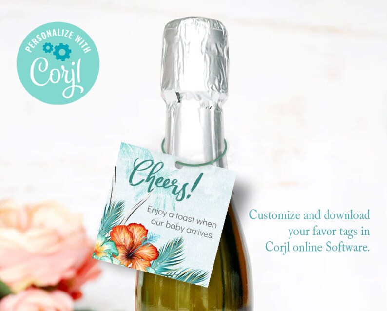 Puede incluir: Una botella de champ&aacute;n con una etiqueta que dice "&iexcl;Salud!" y "Disfruta de un brindis cuando nazca nuestro beb&eacute;". La etiqueta tiene un dise&ntilde;o floral con flores naranjas y turquesas. La imagen tambi&eacute;n incluye el texto "Personaliza con Corjl".