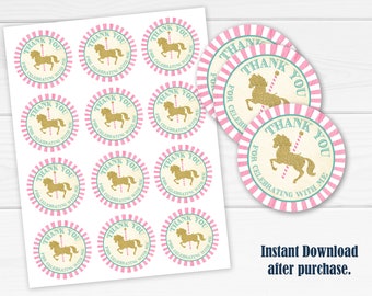 Carousel Party Favors, 2.5" Carousel Circle Sticker or Favor Tag for Carousel Birthday Party Theme Decorations, Carousel Party Decor