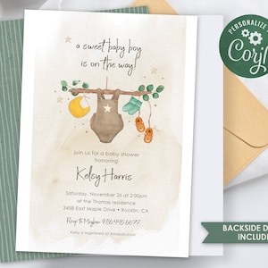 Boy Baby Shower Invitation Set Template, Editable Boho Baby Shower Invitation, Baby Clothes Shower Editable Template, Boy Baby Shower