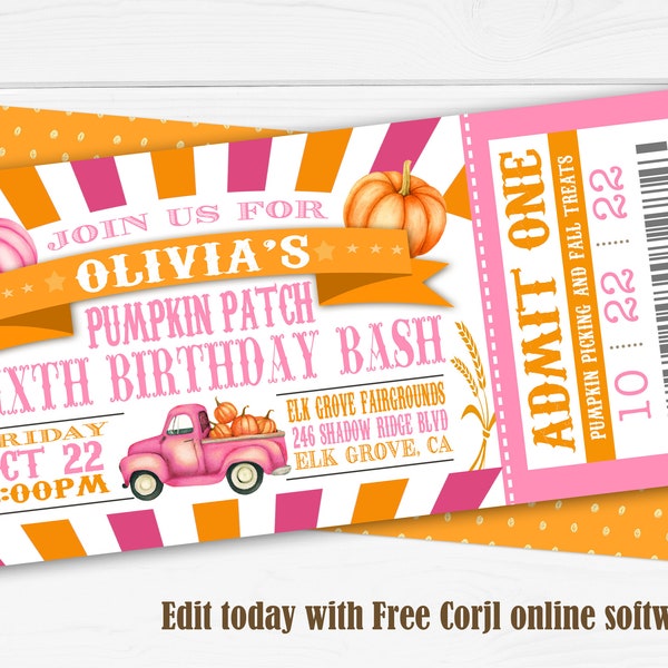 Pumpkin Patch Birthday Invitation for Girls, Pumpkin Patch Birthday Invite, EDITABLE, Pumpkin Patch Birthday Bash Party Invitation