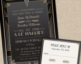 Great Gatsby Wedding Invitations with RSVP cards and Envelopes, Great Gatsby Invitations in Art Deco style in Quantity of 25