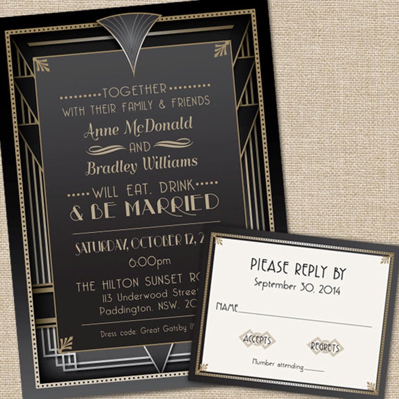 Great Gatsby Wedding Invitations with RSVP cards and Etsy