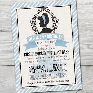 May include: A light blue and white invitation with a Cinderella silhouette and the text "Olivia's 5th Birthday". The invitation includes details for a "Bibbidi Bobbidi Birthday Bash" with the date, time, and location.