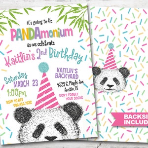 May include: A pink and white panda birthday party invitation with a panda wearing a pink and white party hat. The invitation says "It's going to be Panda-monium as we celebrate Kaitli's 2nd Birthday!" and includes the date, time, and RSVP information.