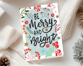 Pack of 10  Merry and Bright Christmas Cards, Retro Holiday Greeting Cards with White Envelopes | Fun Modern Christmas Cards with Envelopes
