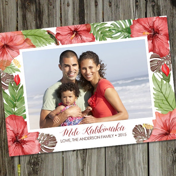 Christmas Photo Card, Watercolor Hawaiian Holiday, Mele Kalikimaka, PRINTABLE, DIGITAL, Holiday Photo Card, Beach Photo Card, ID: PC15800 Il_570xn