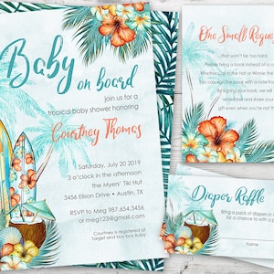 Surfing Baby Shower Invitation, Surf Baby Shower Invitation, Surf Baby Shower Invite, Luau Baby Shower Invitation Boy PRINTABLE, Tropical image 1