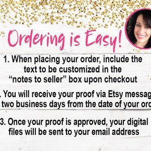 May include: Image with text "Ordering is Easy!" and instructions for placing an order, including customizing text in the "notes to seller" box. It also mentions receiving a proof via Etsy message within two business days.