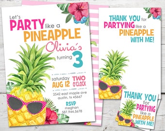 May include: A set of party invitations and thank you cards with a tropical theme. The invitations feature a watercolor pineapple wearing sunglasses, with text that reads "Let's PARTY like a PINEAPPLE". The thank you cards have the text "THANK YOU for PARTYING like a PINEAPPLE WITH ME!"