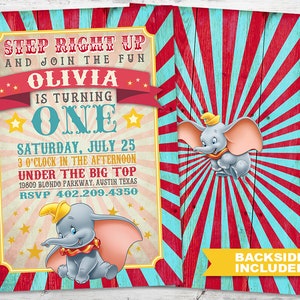 Dumbo Birthday Invitation perfect for a Dumbo First Birthday Party! Other ages available as well. Customize yours today!