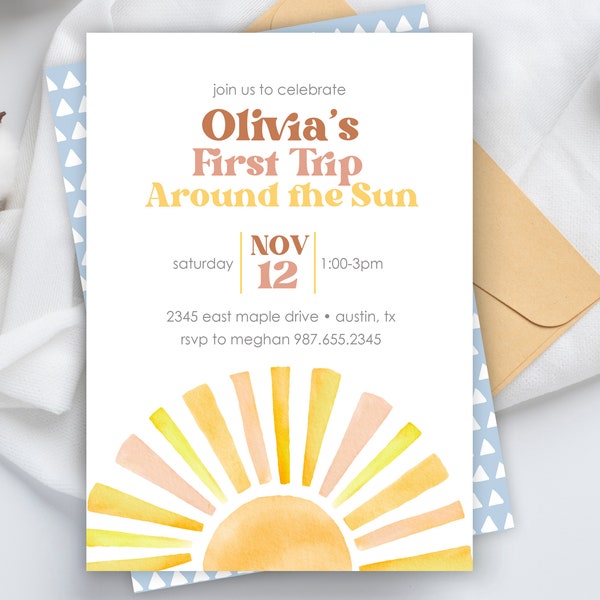 Boho First Trip Around the Sun Birthday Invitation | Editable Sun Invitation | Girl First Birthday Retro Bohemian, Editable Invitation Corjl