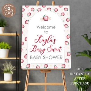 Editable Berry Sweet Baby on the Way Shower Party Poster, Strawberry Baby Shower Decorations, Berry Sweet Party Decor, Strawberry Party Sign image 1