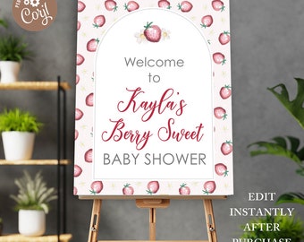 Editable Berry Sweet Baby on the Way Shower Party Poster, Strawberry Baby Shower Decorations, Berry Sweet Party Decor, Strawberry Party Sign