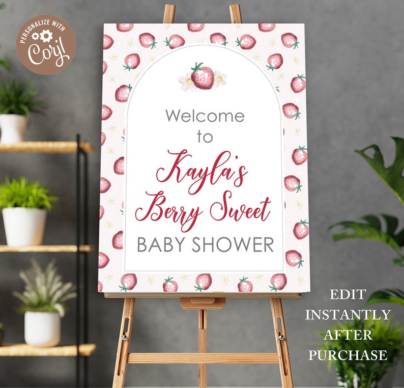 Editable Berry Sweet Baby on the Way Shower Party Poster, Strawberry Baby Shower Decorations, Berry Sweet Party Decor, Strawberry Party Sign image 1