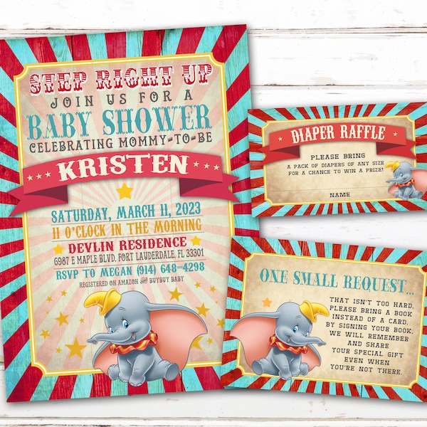 Dumbo Baby Shower Invitation Set | Dumbo Party Invitation | Dumbo Elephant Baby Shower Invite Set | Elephant Baby Shower Invitation