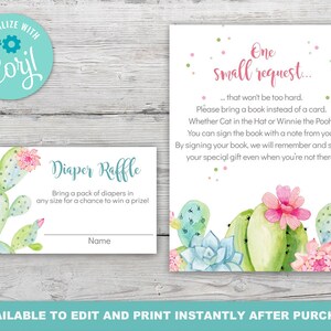 Op de afbeelding: Printbare babyshower-uitnodiging met een cactus-thema. De uitnodiging bevat een luiervlootkaart en een verzoek aan gasten om een boek mee te nemen in plaats van een kaart.