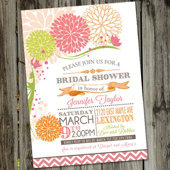 Pink and Orange Bridal Shower Invitation, Floral Pink and Orange Bridal Shower Invitation, PRINTABLE, Dahlia Bridal Shower Invitation Il_570xn