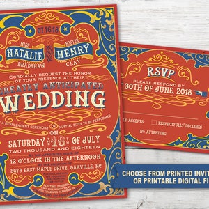 Zirkus-Hochzeitseinladungs-Set mit Einladung und RSVP-Karte, Zirkus-Hochzeit, Antike Hochzeitseinladungen, Karneval-Hochzeitseinladungs-Set