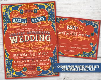 Circus Wedding Invitation Set with Invitation and RSVP Card, Circus Wedding, Antique Wedding Invitations, Carnival Wedding Invitation Set