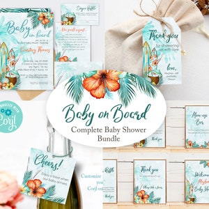 Puede incluir: Un conjunto completo para baby shower con tem&aacute;tica tropical. El conjunto incluye invitaciones, etiquetas de agradecimiento y letreros. Los dise&ntilde;os presentan tablas de surf, cocos y flores de hibisco en tonos azules, naranjas y verdes. El texto "Baby on Board" se muestra.