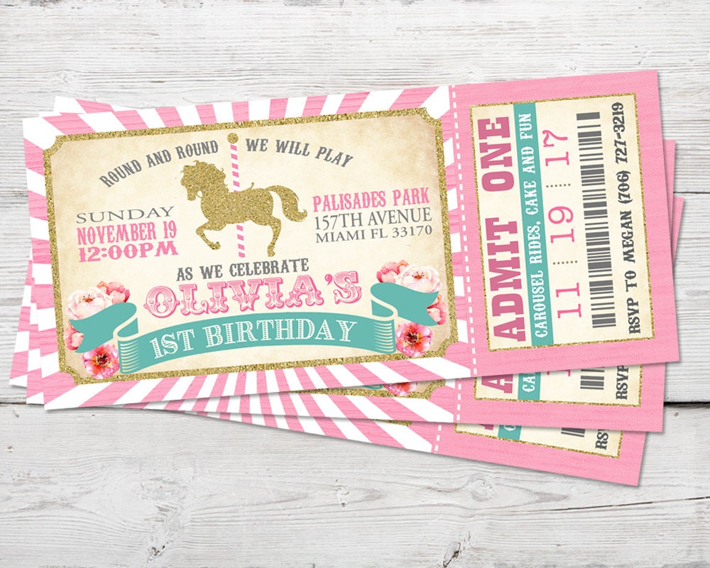 Carousel Ticket Invitations Girl Carousel Party Invitation Etsy