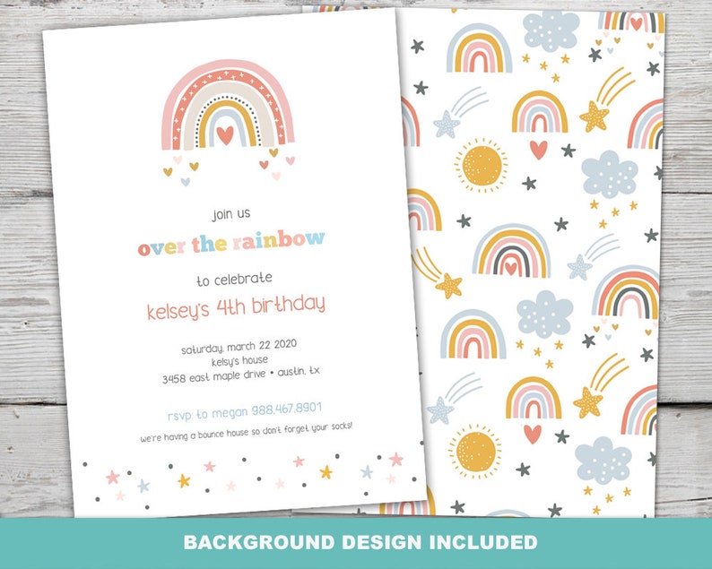 Modern Rainbow Birthday Invitation Set for a Pastel Boho Rainbow Birthday Theme, Instantly Editable with Corjl image 2