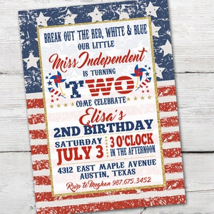 Fourth of July Birthday Invitation, Little Firecracker Birthday Invitation, 4th of July Invitation, Little Miss Independent, Red White Blue